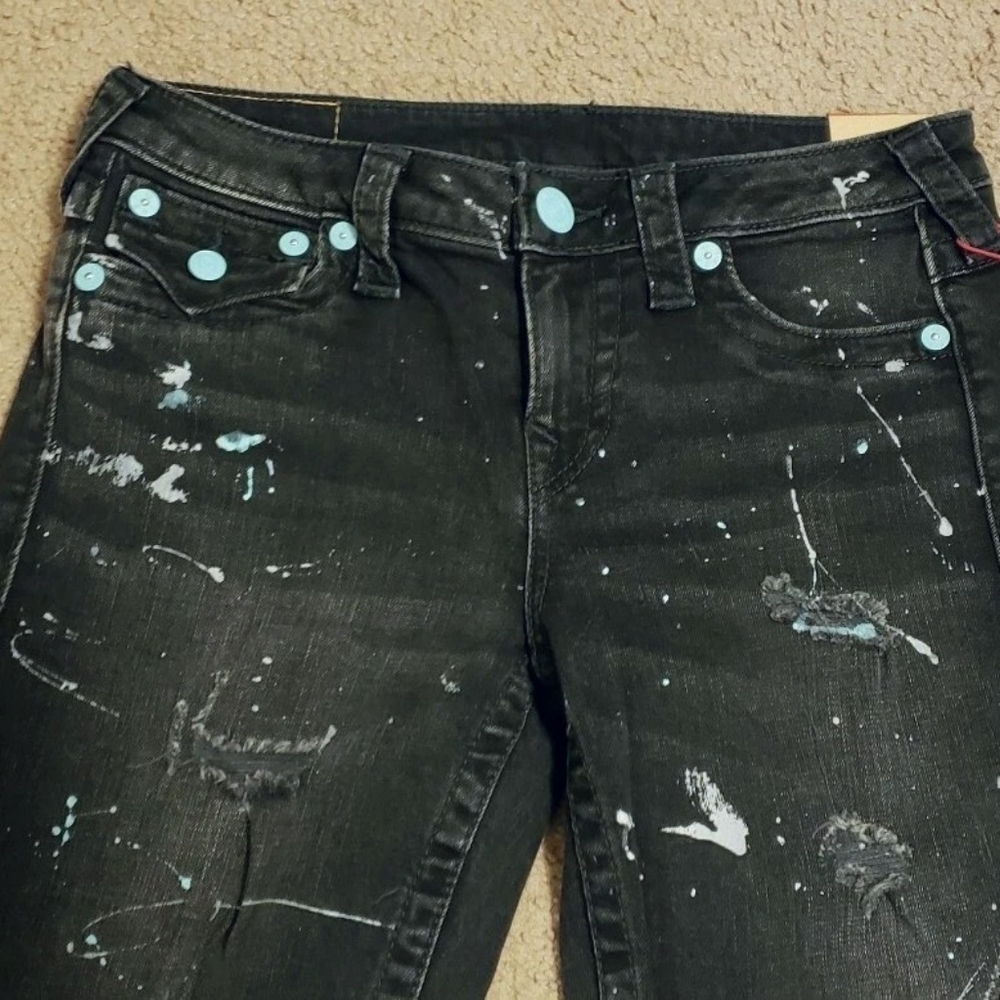True Religion Black with Teal Splatter Super Skinny Distressed Jeans 29 - Picture 2 of 10